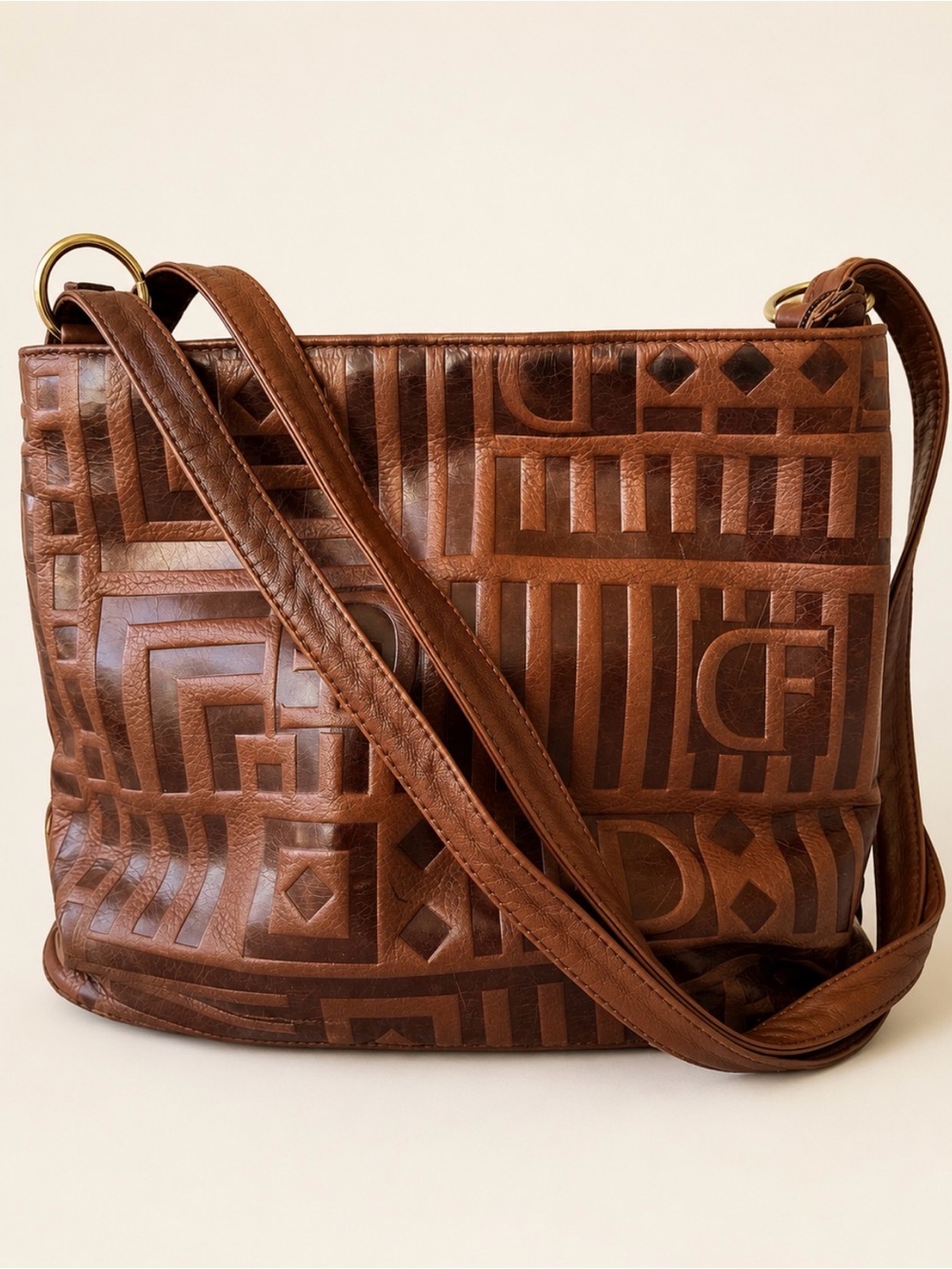 Vintage Geometric Embossed Genuine Leather Brown Shoulder Bag Made in Canada